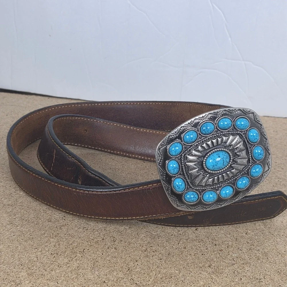 Vintage Brown Oil Tanned Leather Western boho Belt Turquoise Buckle‎ USA 36